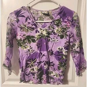 Caribbean Joe Shirt Womens Petite Small Purple Floral Fabric Sheer Long Sleeve